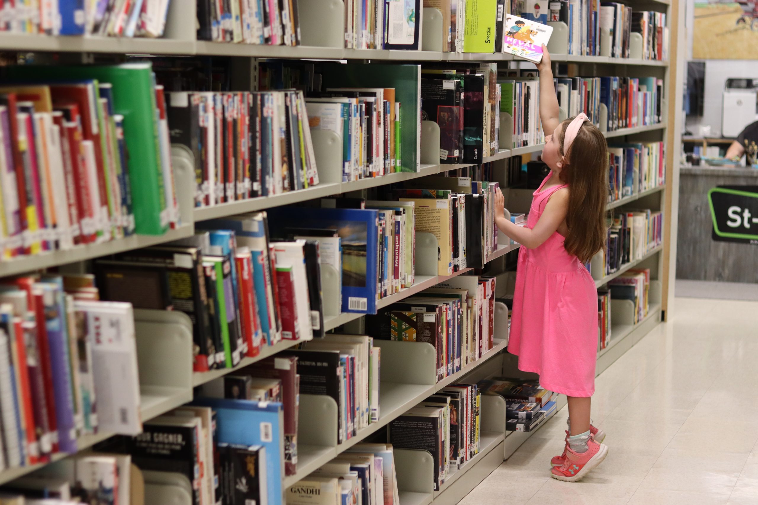 Girl in pink dress choosing a book from the top self of the library.