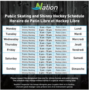 Enseigne extérieure de l'Horaire de patin libre et hockey libre